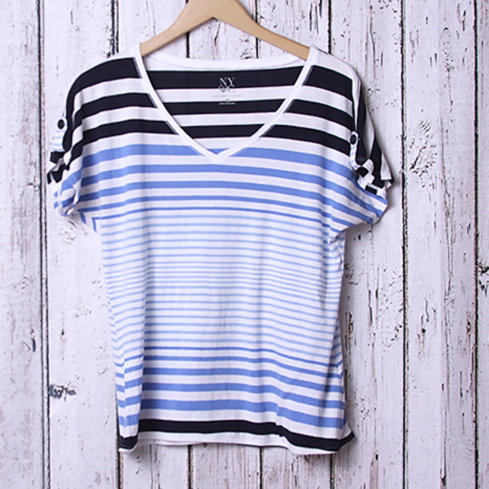 New York & Company Striped V-neck T-shirt Size XL